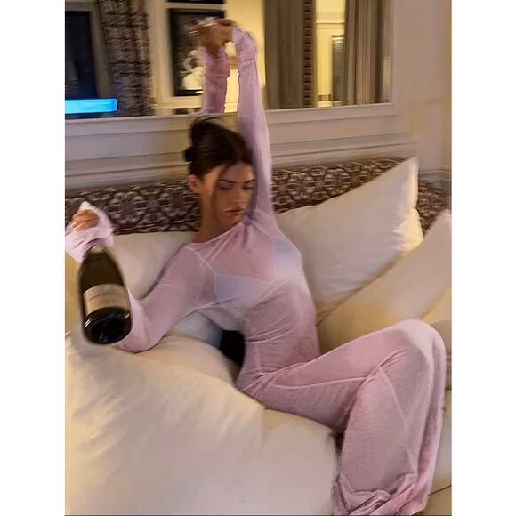 SEXY Pink Mesh Maxi Dress FAIRY SHEER Size Small S NIP NEW Long Sleeve Backless - Picture 2 of 4